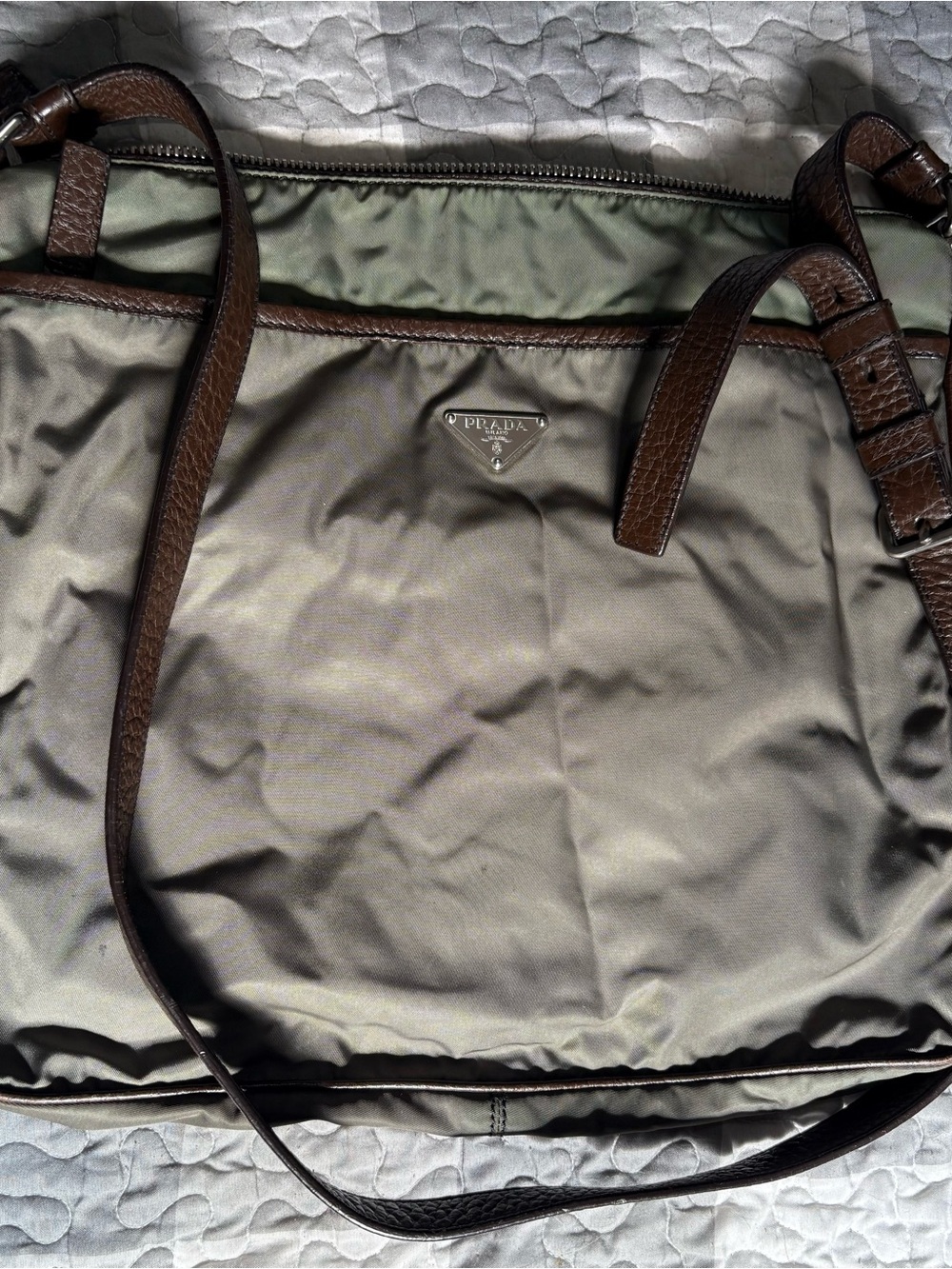 Prada Olive Nylon Messenger Bag with Brown Leather Trim